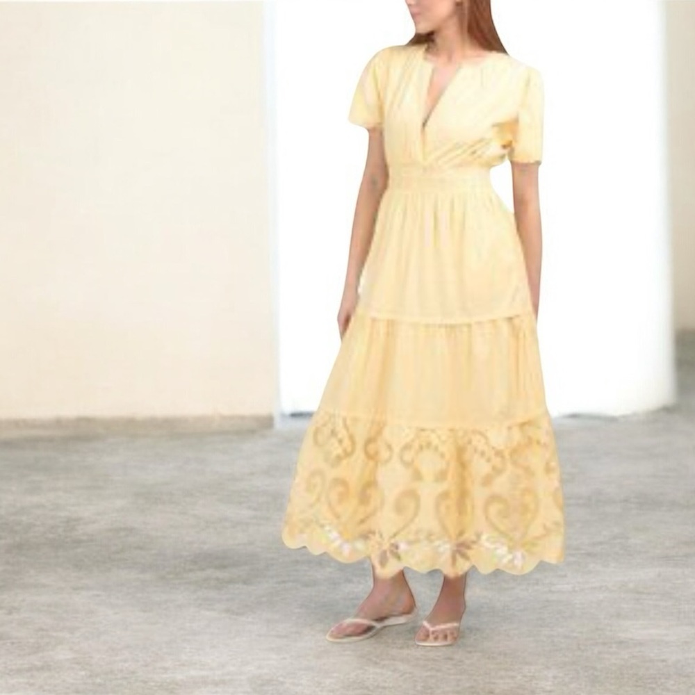 Haute Hippie Women’s Yellow Boho Tiered Eyelet Short Sleeve V Neck Maxi Dress M